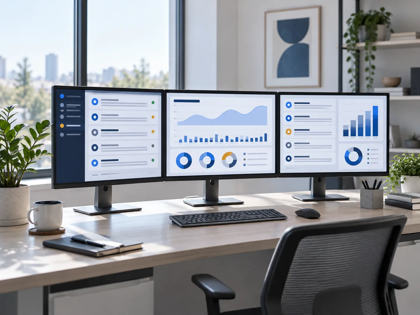 Illustrative company control room with channels, status indicators, and charts