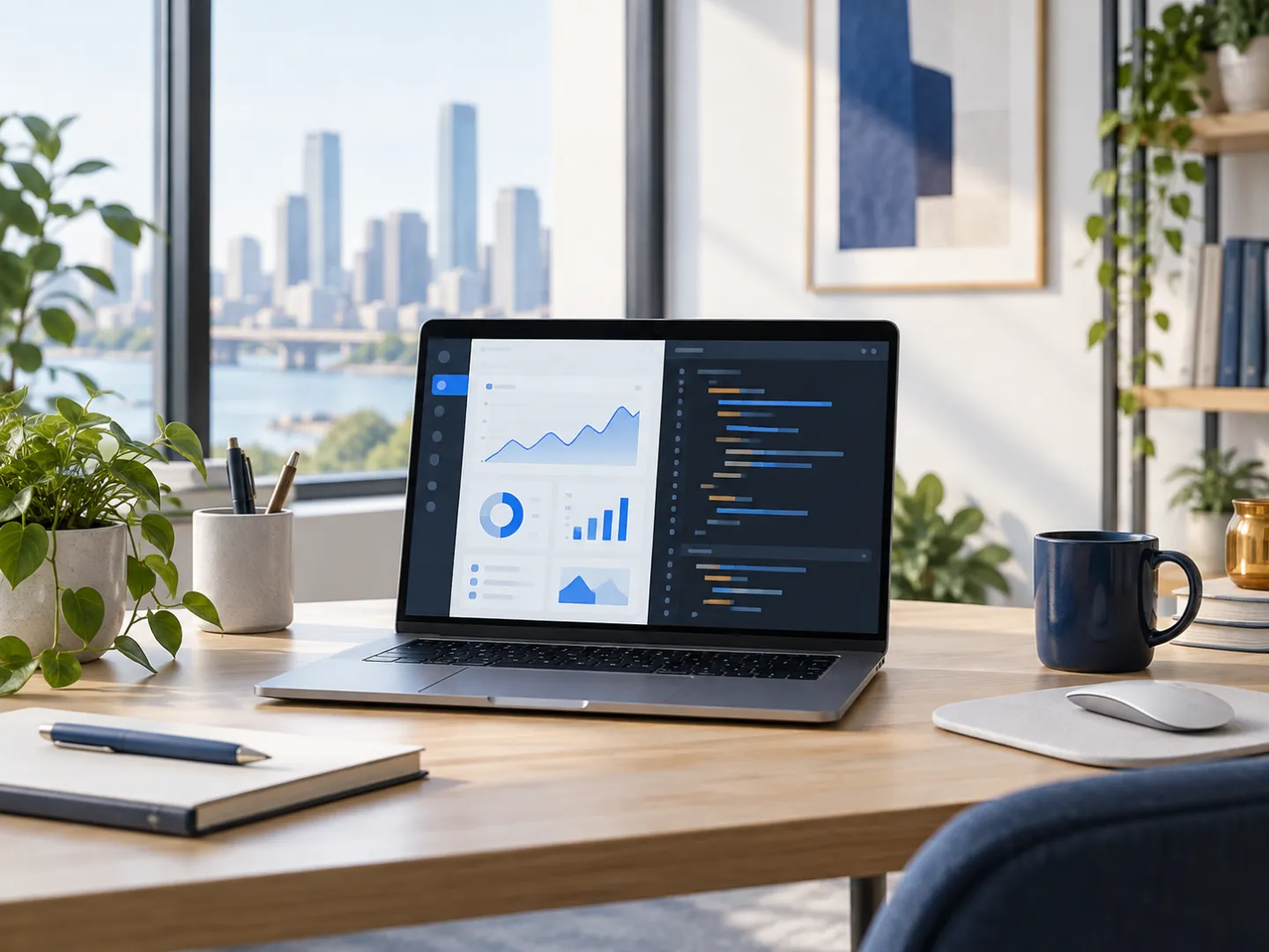 Bright desk with a laptop displaying an illustrative business dashboard and code editor